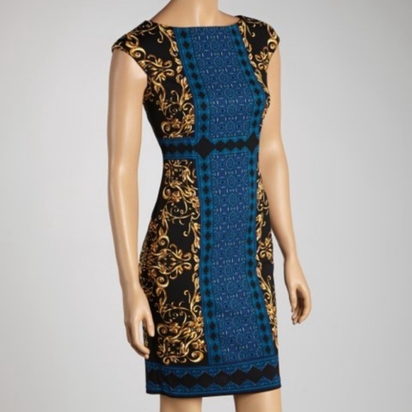 Maggie London Mini dress Paisly Scarf print Stretch Blue Gold Black Sz 6 Petite - Picture 1 of 15